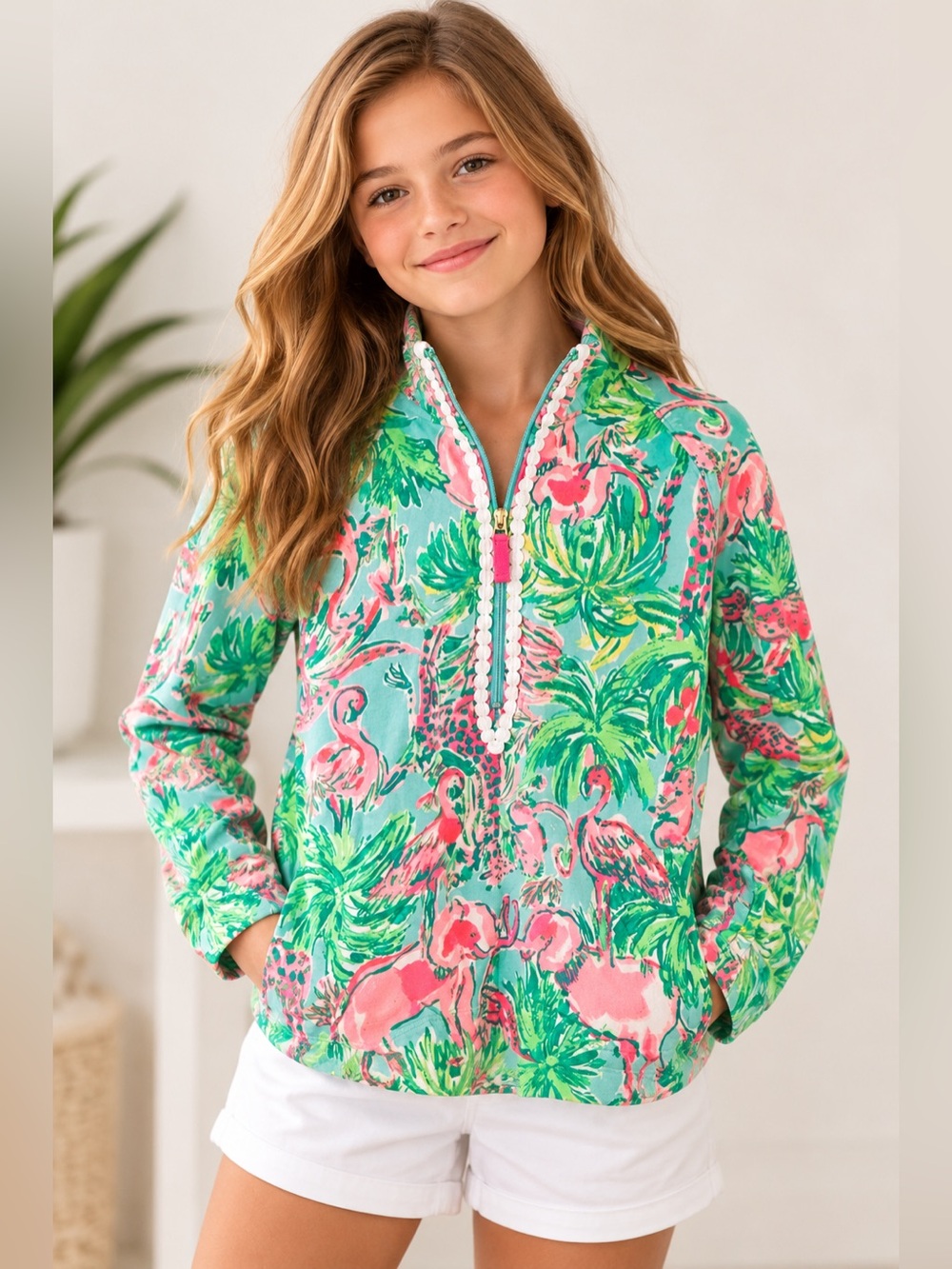 LILLY PULITZER “KIDS” Tropical Flamingo 🦩 1/2 ZIP Sweatshirt - Pink and Green - Picture 2 of 6